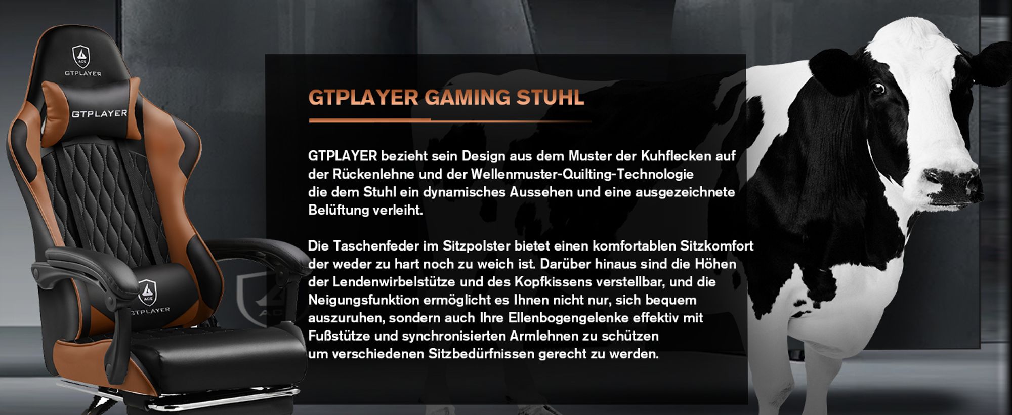 GTPLAYER Gaming-Stuhl Gamer Stuhl, Ergonomischer Bürostuhl mit Fußstütze, Gaming Sessel 150 kg Belastbarkeit, Kopfstütze und Lendenstütze braun