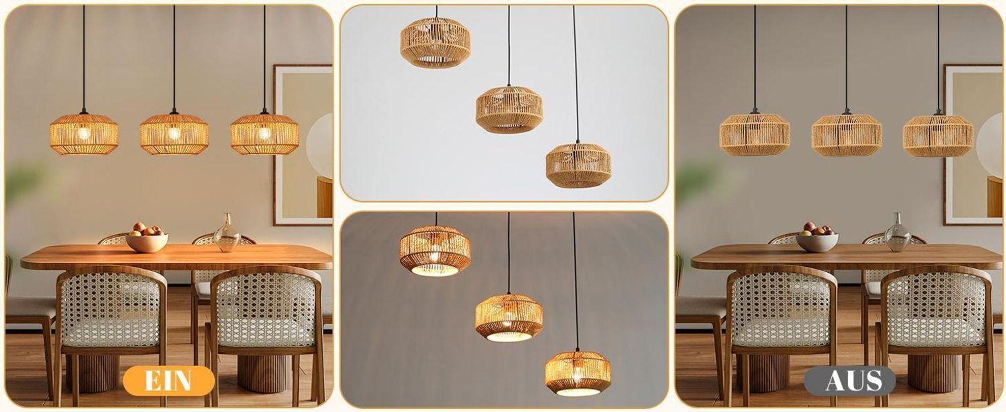 Lámpara colgante ZMH estilo bohemio, lámpara de ratán, ajustable en altura, lámpara colgante de 3 luces, ideal para mesa de comedor, con casquillo E27, para dormitorio