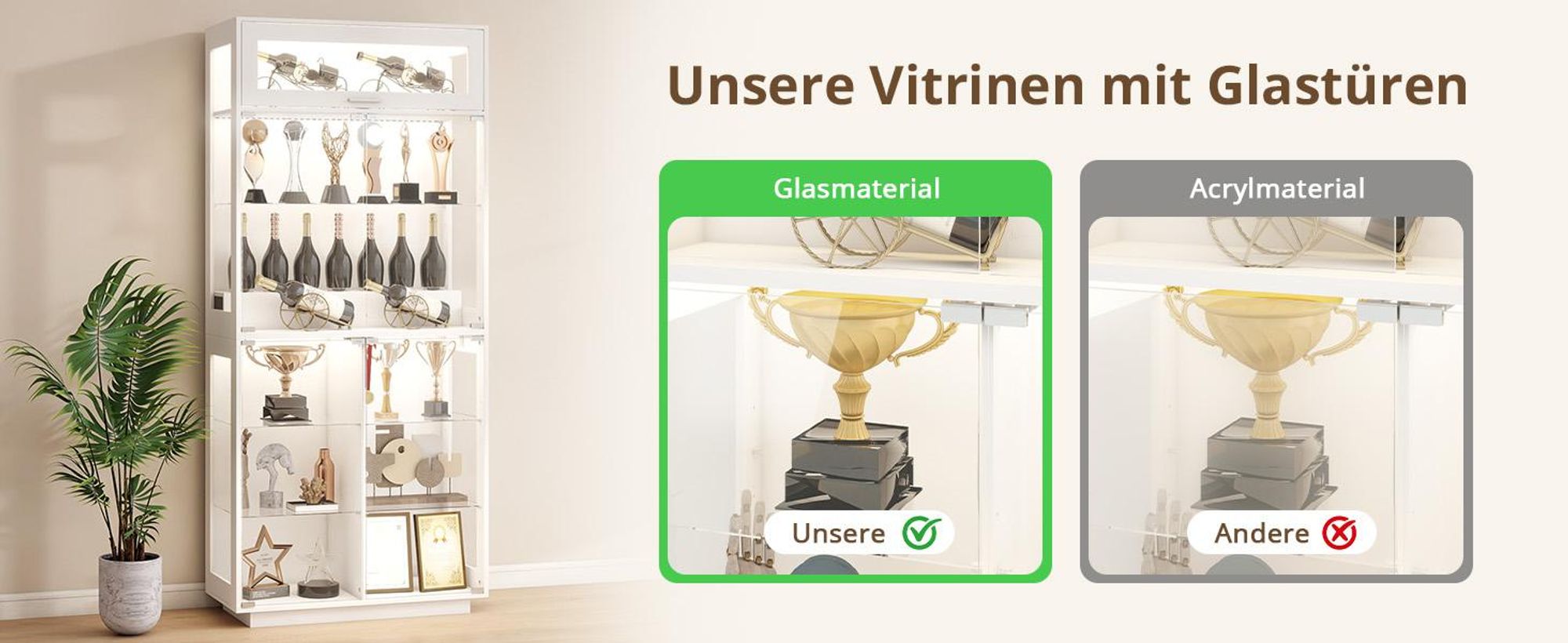 Puluomis Vitrine Glasvitrine mit 3 Farbe Beleuchtung und Sessor, Vitrinenschrank grifflos, 80 x 35 x 180 cm, Präsentation für Wohnzimmer, Schlafzimmer
