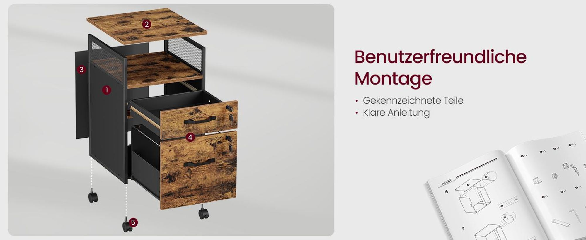 VASAGLE Aktenschrank Rollcontainer, Büroschrank mit Schubladen, rollen