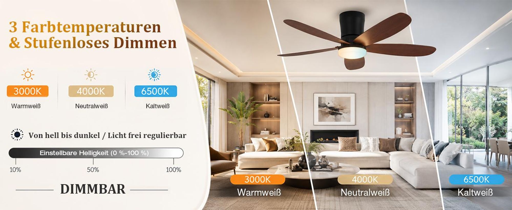 106cm Deckenventilator mit Beleuchtung und Fernbedienung DC Motor 3 Farbtemperatur Dimmbar 6 Stufen APP-Steuerung