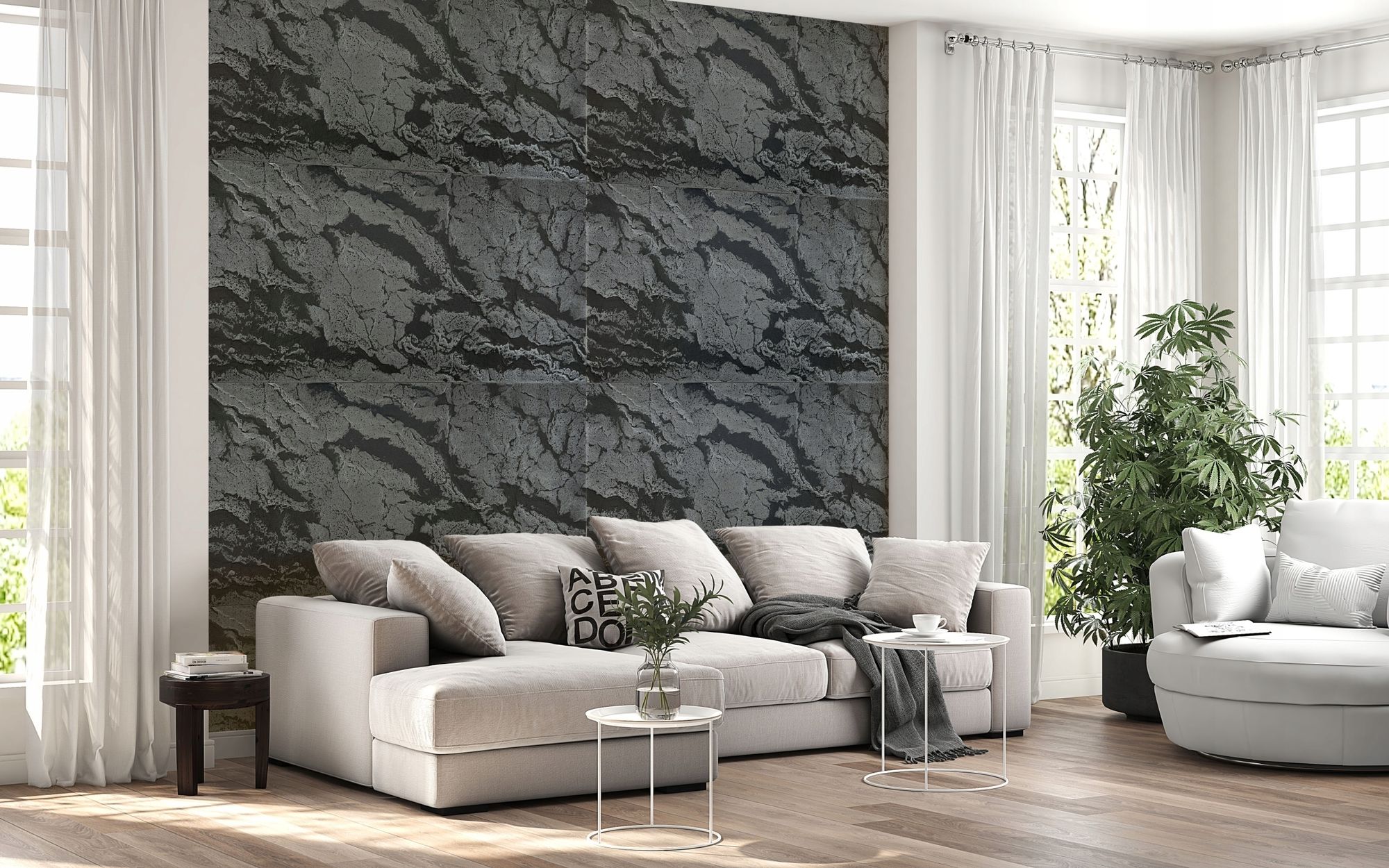 DECCART | 3D Deckenplatten | Schwarz-silberne Wandpaneele | Boulder | Felsimitation | 100x50cm | 8m2