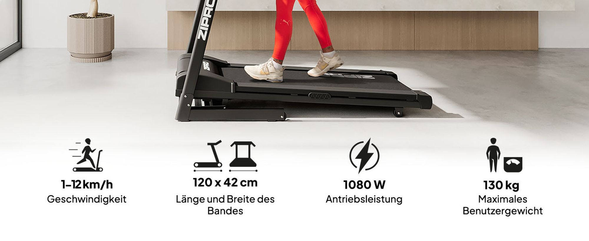 Zipro Laufband Elektrisch Pulse – Mit Automatischer Steigung Belastbar Klappbarer Heimtrainer mit 8-fach Dämpfung Pulsmessung & LED Display Bis 130kg