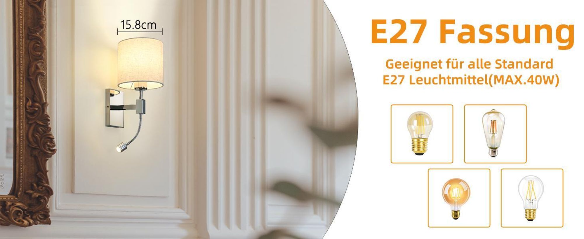ZMH Nástěnné svítidlo Postelová lampa s vypínačem Čtecí lampa nastavitelná Osvětlení LED vyměnitelné Kulaté
