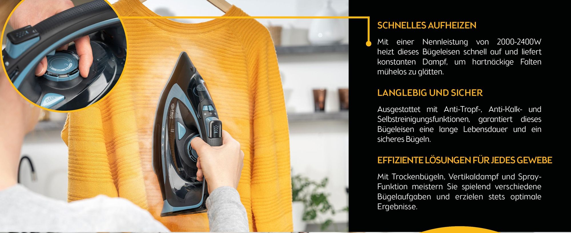 TZS First Austria - Dampfbügeleisen kabellos 2400W - 450 ml Tank mit Tropfstop, verstellbarer Temperatur & Dampfstärke - Keramik Bügelsohle - Mit Vertikaldampf