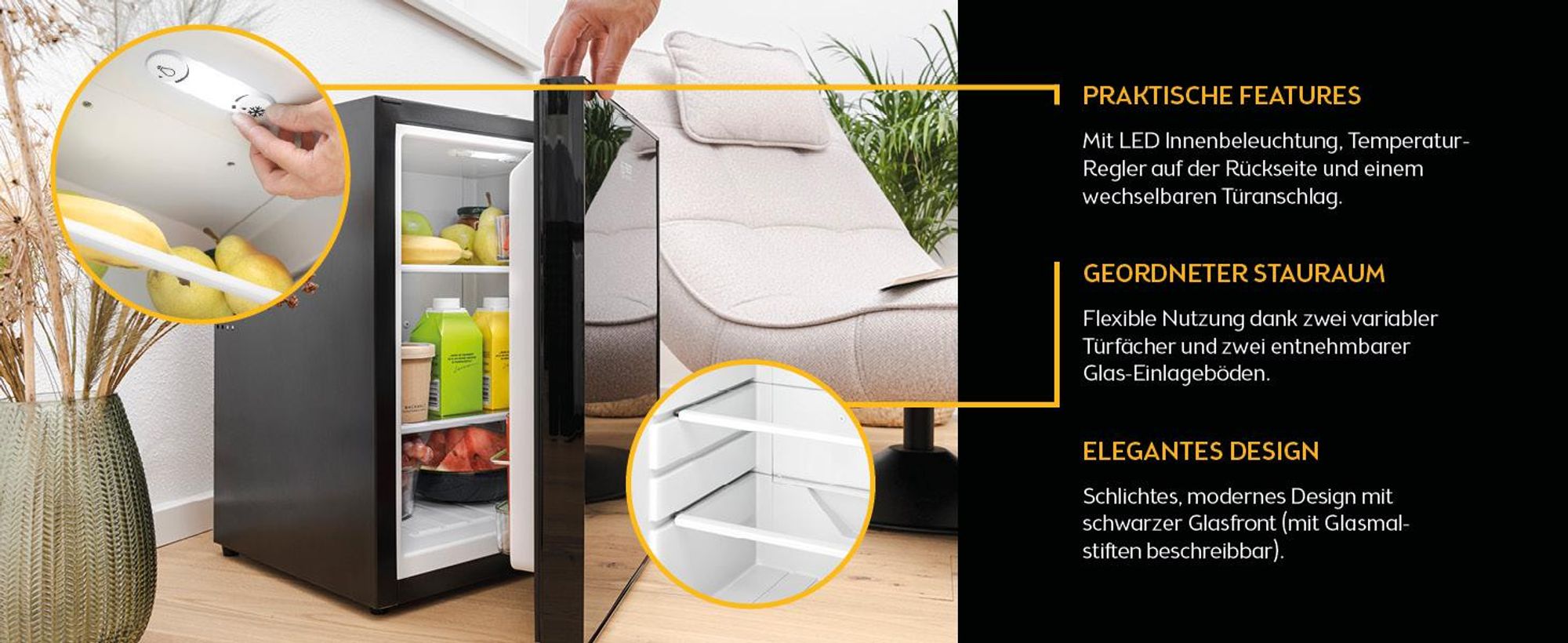 TZS First Austria - Mini Kühlschrank 40L lautlos & - Kleiner Minikühlschrank wechselbarer Türanschlag & Innenbeleuchtung - Minibar für Camping, Büro, Schlafzimmer & Hotel - Glasfront