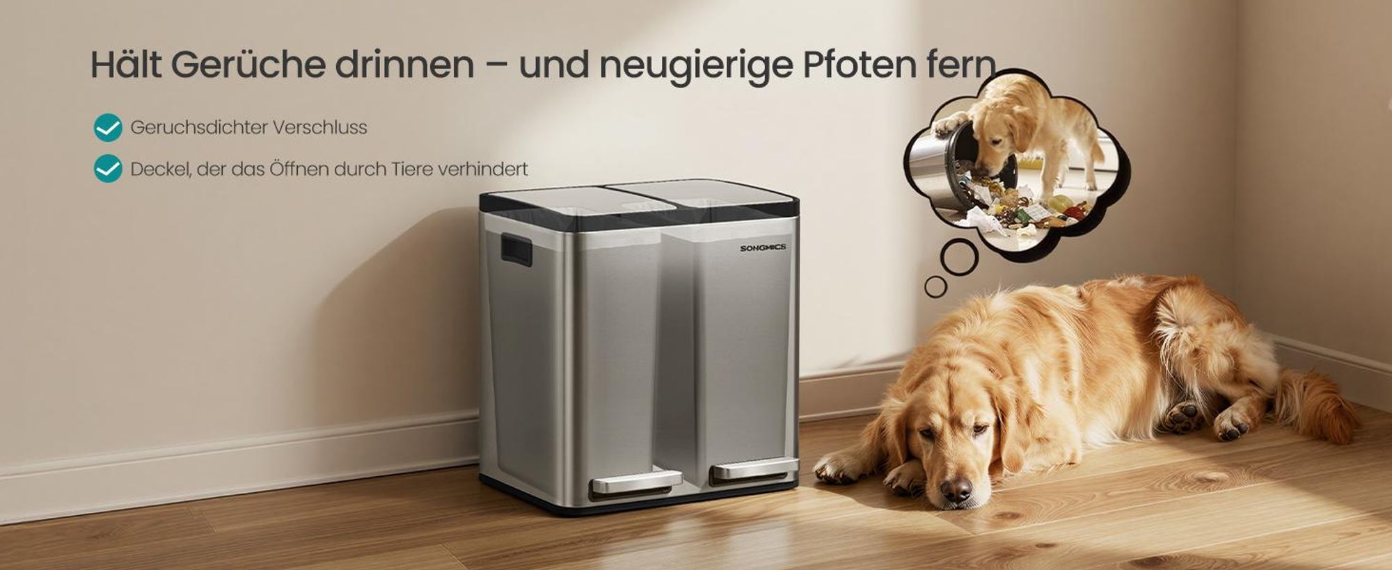 Abfalleimer 2 Fächer, Mülleimer 2 x 15 L, Tretmülleimer Softclose-Deckel, Küche, herausnehmbare Inneneimer,