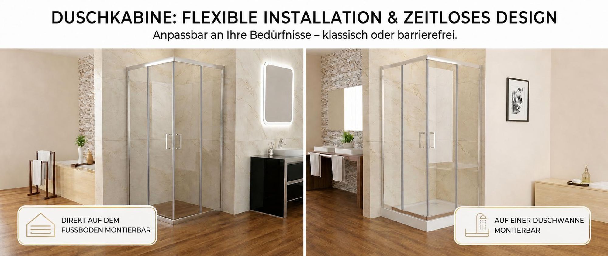 MIQU Duschkabine Eckeinstieg 80x80x185 cm Duschwand mit Doppel Schiebetür rollen, 6mm ESG Sicherheitsglas, Schiebetüren Glas komplett Dusche Silber