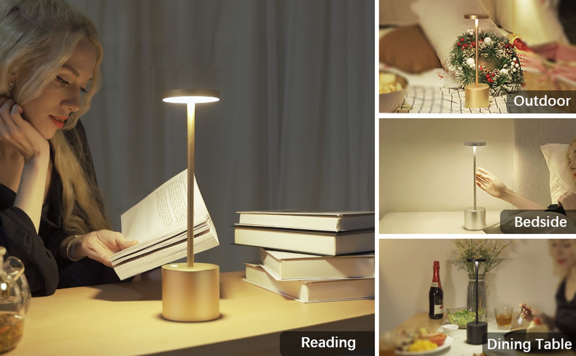 LED Nachtlichter Akku Tischlampe Kabellos, 1800 mAh Batterie mit 3 Beleuchtungsmodi Dimmbar Tischlampe,LED Tischleuchte Nachttischlampe,golden