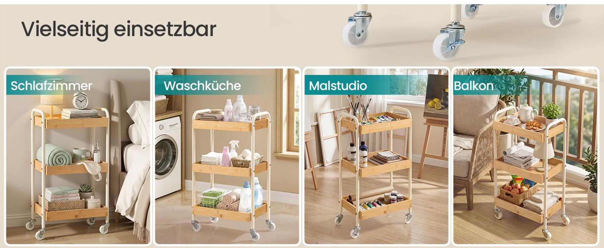 SONGMICS Servierwagen aus Bambus, Küchenregal mit Griffen, Rollwagen für Bad, Schlafzimmer, Küche, beige