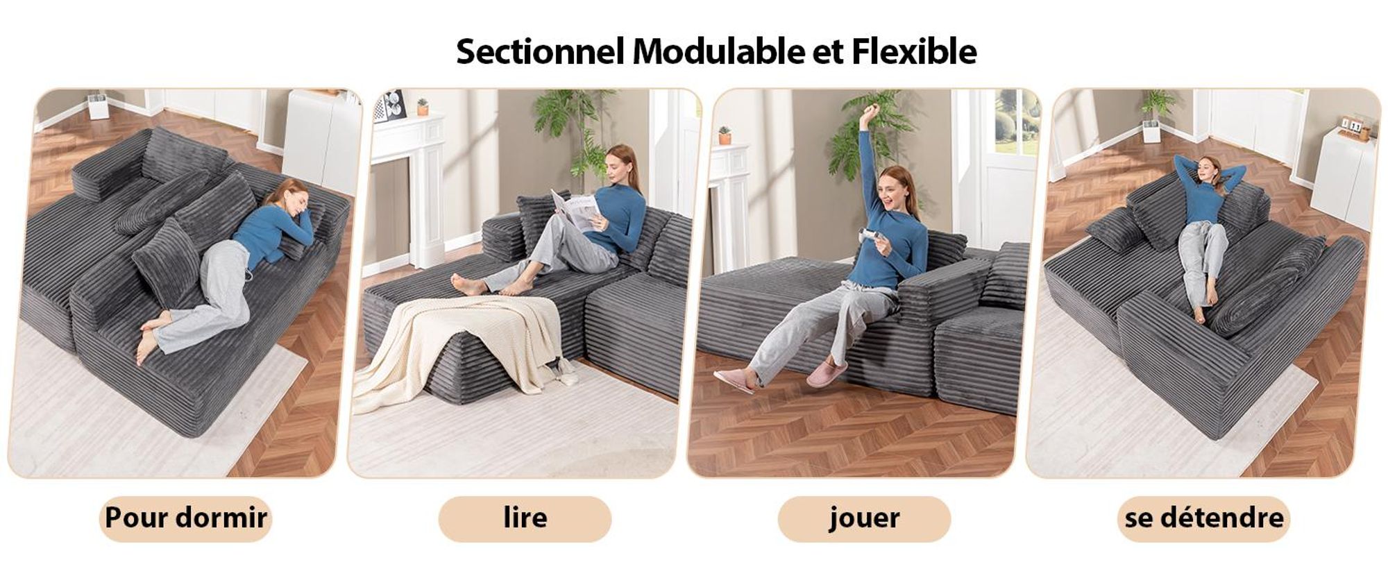 COMHOMA Sofa Big-Sofa, Canapé en L, Canapé d'angle, Chaiselongue Canapé-lit avec assise profonde et larges accoudoirs, tissu velours gris foncé-R