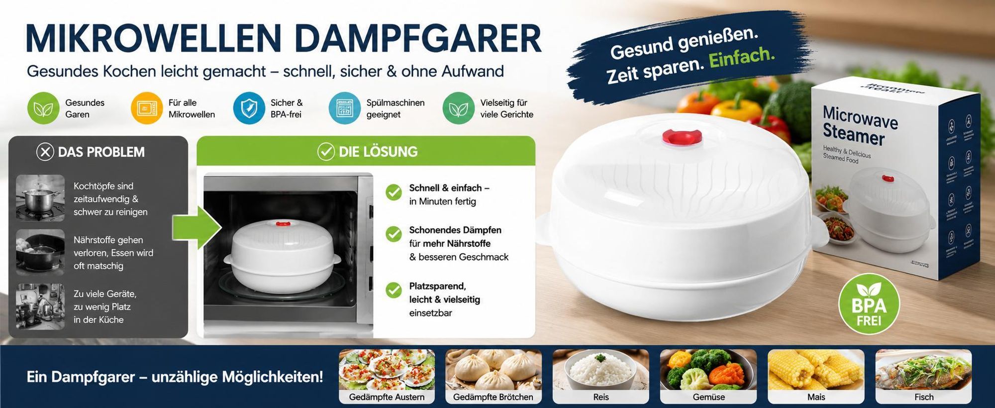14×25 cm Mikrowellen Dampfgarer, Dampfgarer Topf aus Kunststoff, Geruchsfreies Mikrowellengeschirr mit Deckel - MICSTEAM Kreisförmig