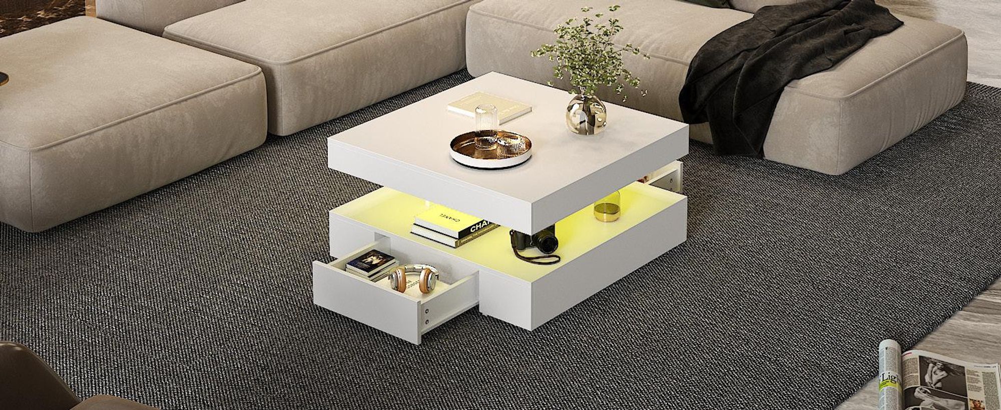 Radelldar Wohnzimmertisch mit 2 Schubladen, mit LED und Verstecktem Stauraum, matt 78x78x40cm, Weiß