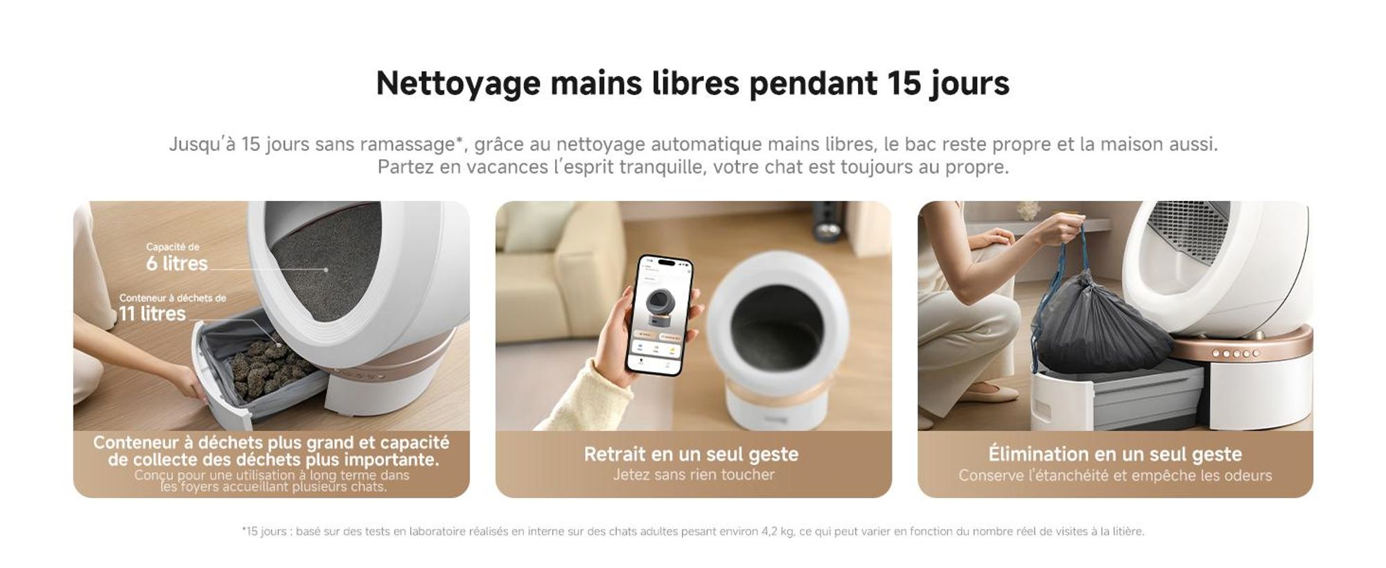 MOVA LR10 Prime Bac à litière automatique blanc, 110 L d’espace intérieur, jusqu’à 15 jours de nettoyage autonome, double système anti-odeurs, 12 disp