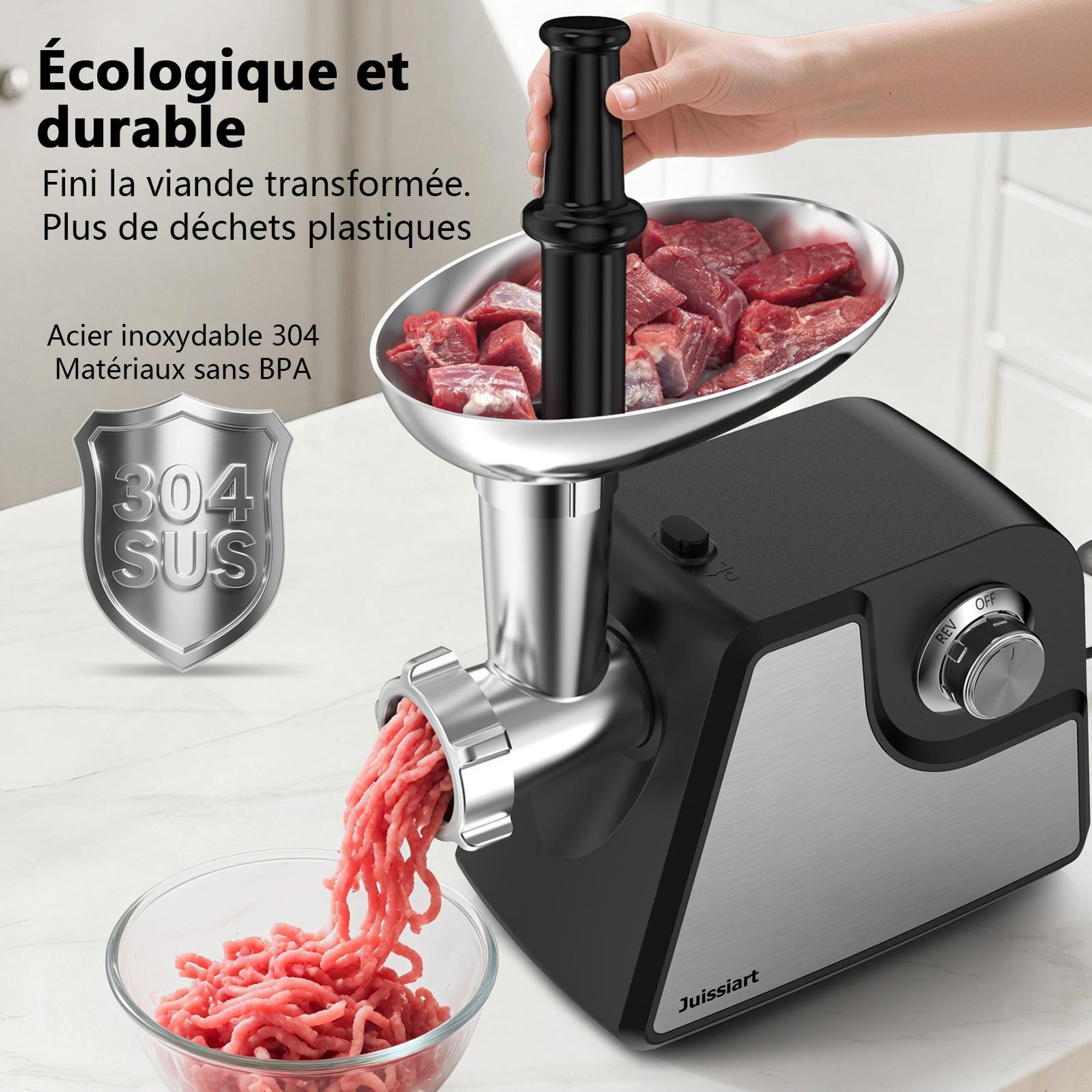 Juissiart MG4150R Hachoir à viande électrique - Puissance 300W Rendement en viande 1.2KG/min Matériau de la lame 420 Acier métallurgique en poudre - Noir