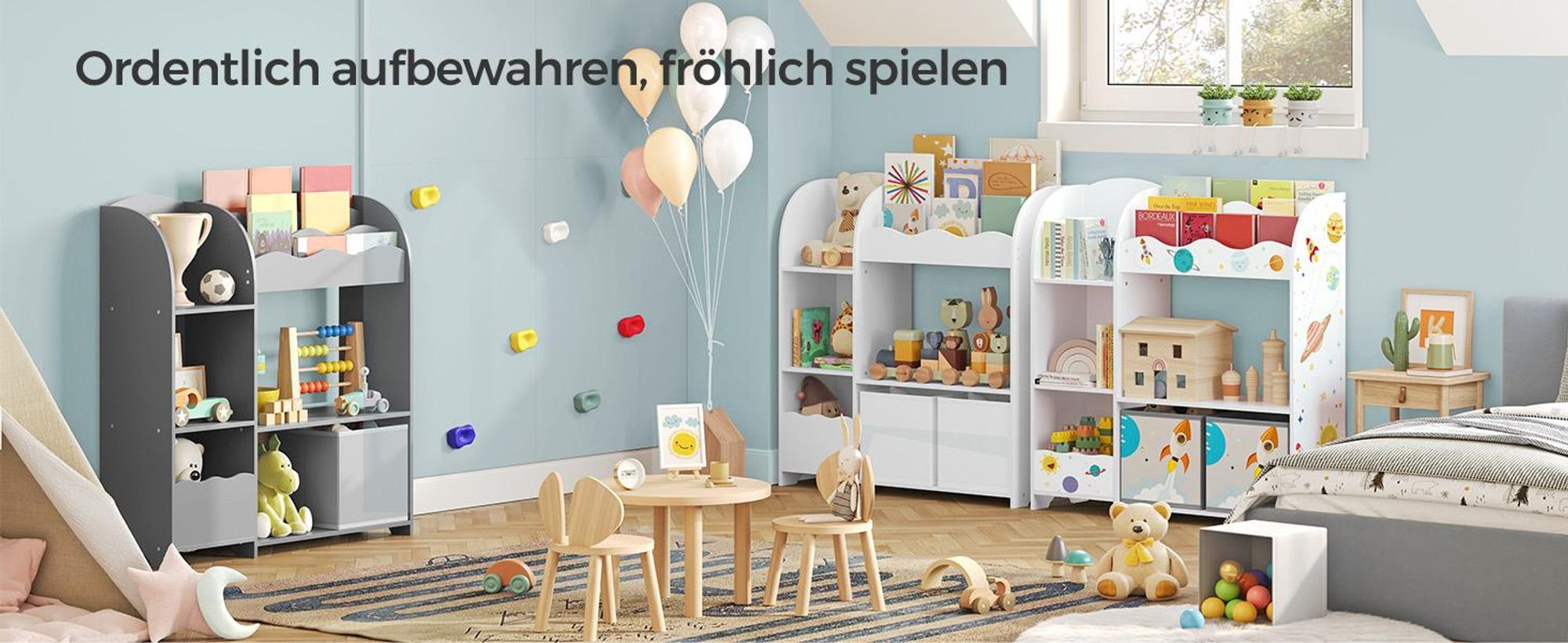 SONGMICS Bücherregal Kinder, Kinderregal für Spielzeug und Bücher, Aufbewahrung mit 2 Boxen, für Spielzimmer, Kinderzimmer, Wohnzimmer, taubengrau