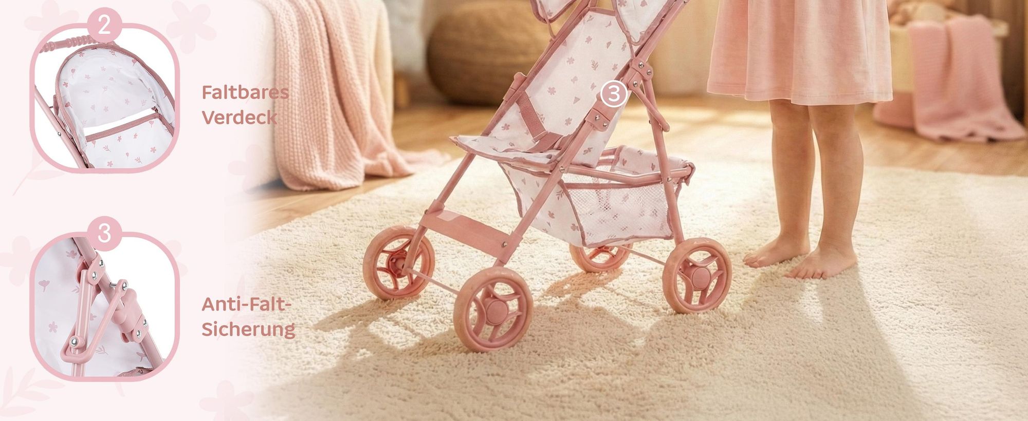 Puppenbuggy klappbar – leichter Puppenwagen mit EVA-Rädern und Zubehörkorb – Rollenspiel für Kinder ab 3 Jahren