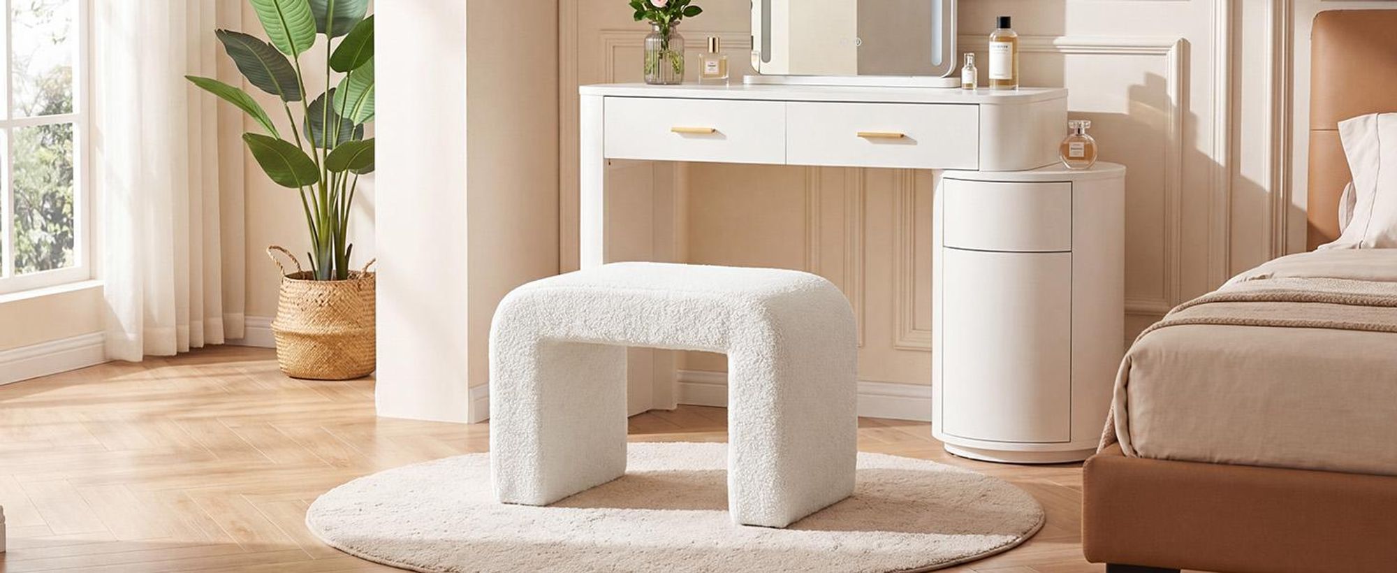 Tribesigns Schminktisch Hocker, Fußstütze Hocker Ottoman, 60 x 35 x 45 cm. Fußhocker mit Sherpa-Polsterung, Make-up Eitelkeits Beistelltisch
