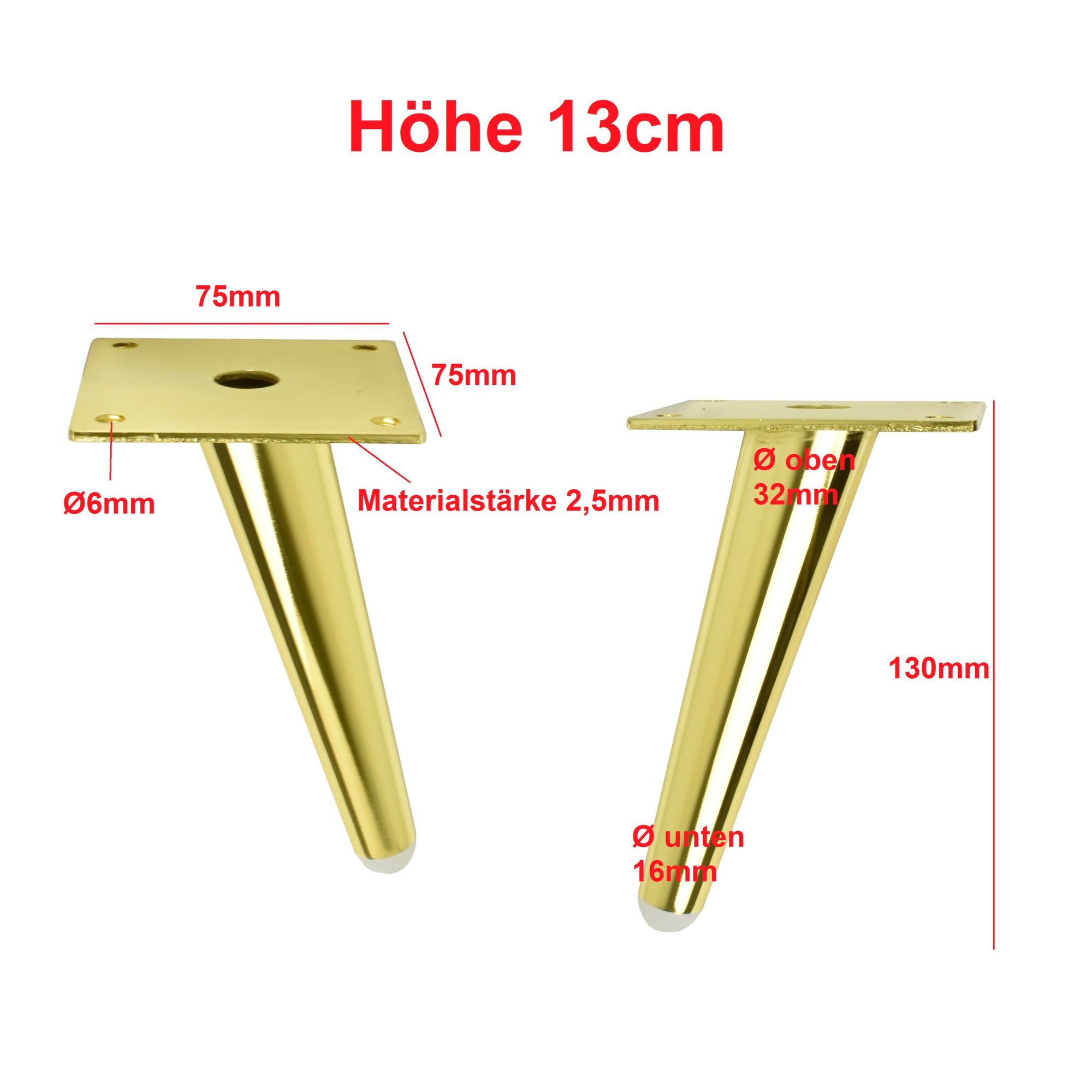 Möbelfuß Metall 13 cm Gold Konisch – Luxus Schrankfuß Sofafuß Ersatzbein inkl. Bodenschoner (4 Stück)
