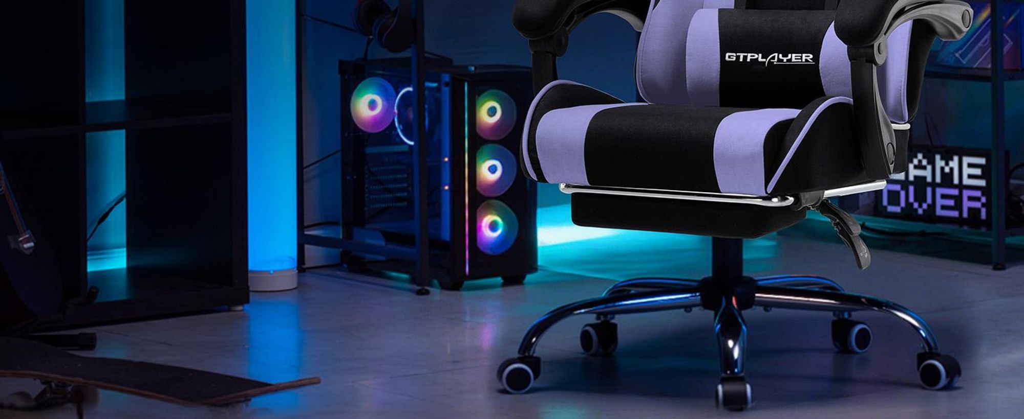 GTPLAYER Gaming Stuhl, Bürostuhl, Ergonomischer Pc Stuhl, Gaming Sessel mit Massagelendenwirbelstütze mit Fußstütze und Kopfstütze, Lila Stoff