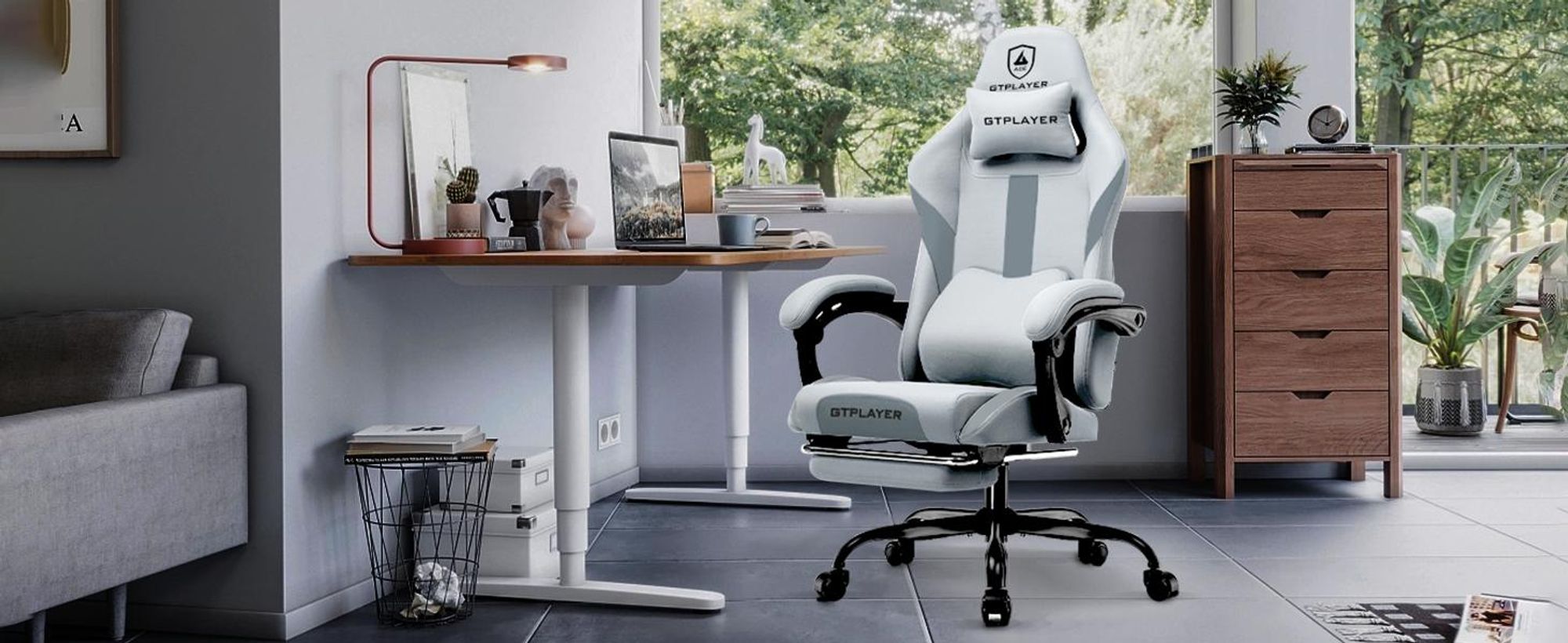 GTPLAYER Chaise de jeu Fauteuil de jeu ergonomique Chaise de bureau en tissu respirante Coussin d'assise à ressorts avec repose-pieds gris