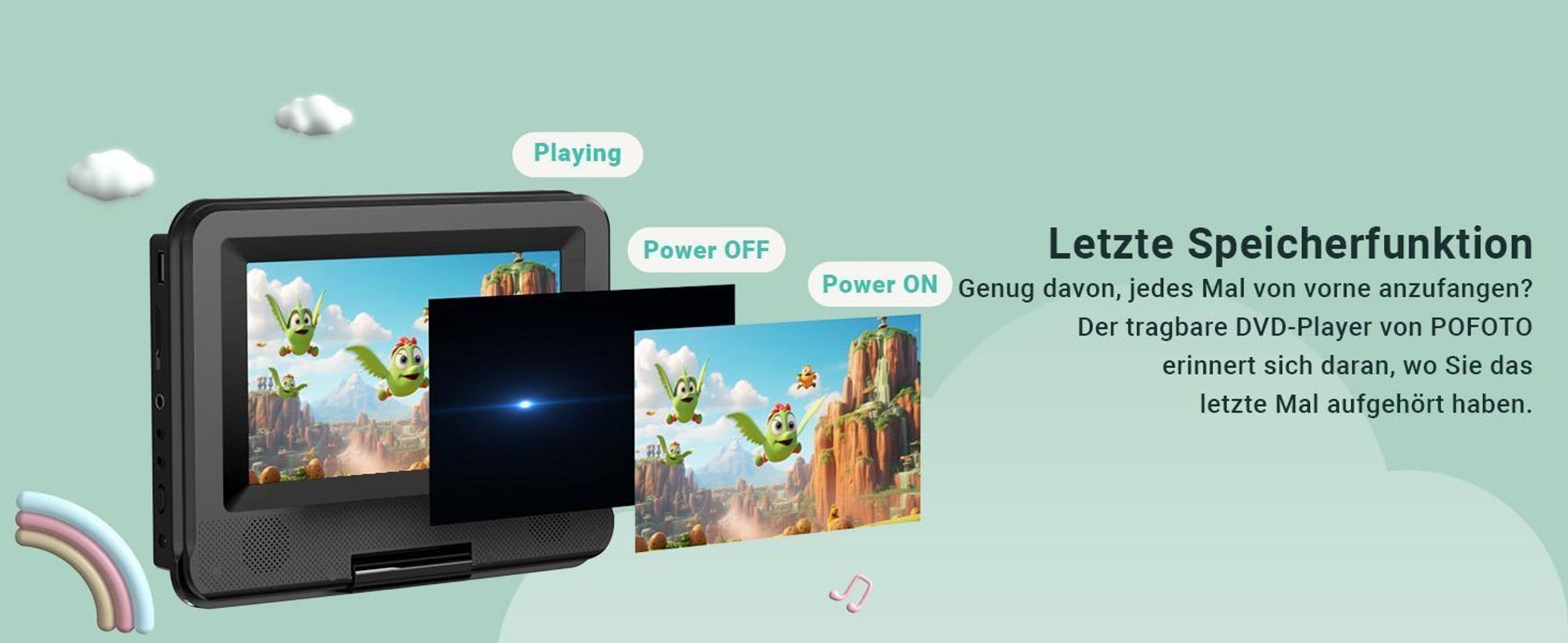 9,5" Tragbarer DVD-Player mit 7,5"HD-Schwenkdisplay, 4-6h Akkulaufzeit Unterstützt Mehrere Formate TV/Beamer-Anschluss Speicherfunktion