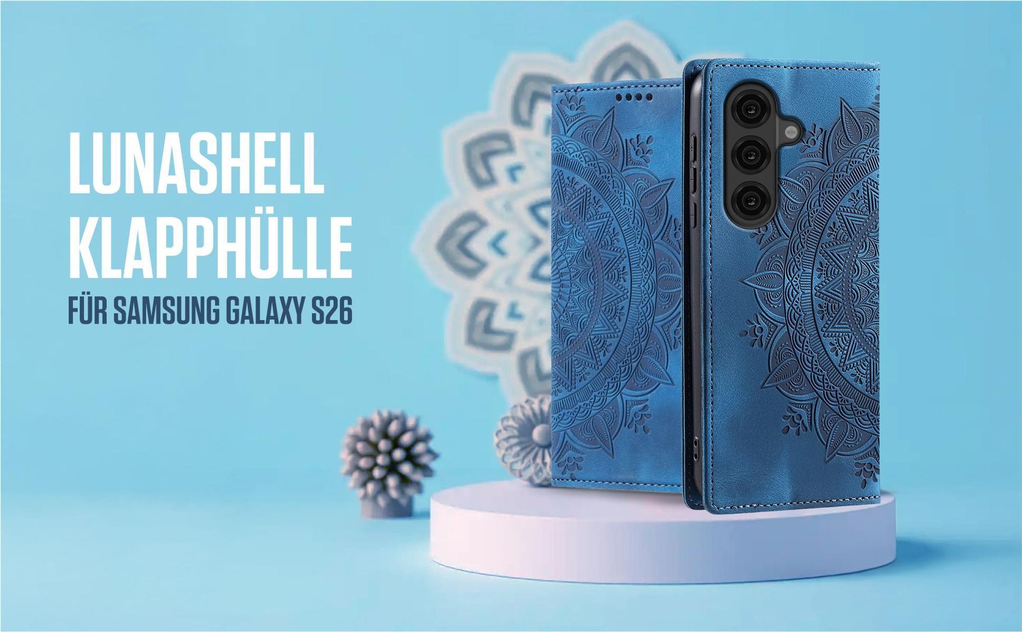 Blaue Klapphülle für Samsung Galaxy S26 mit feiner Mandala Prägung