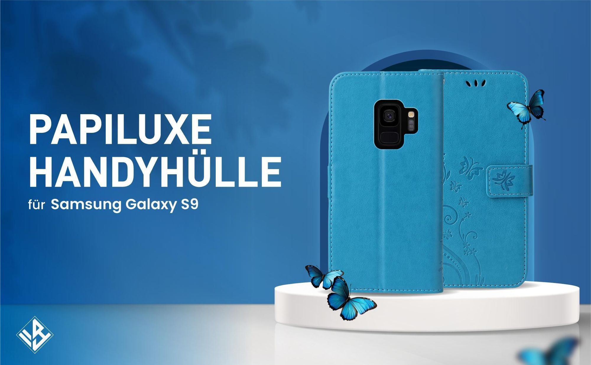 Blaue Klapphülle im Schmetterling Design für Samsung Galaxy S9 mit Wallet-Funktion
