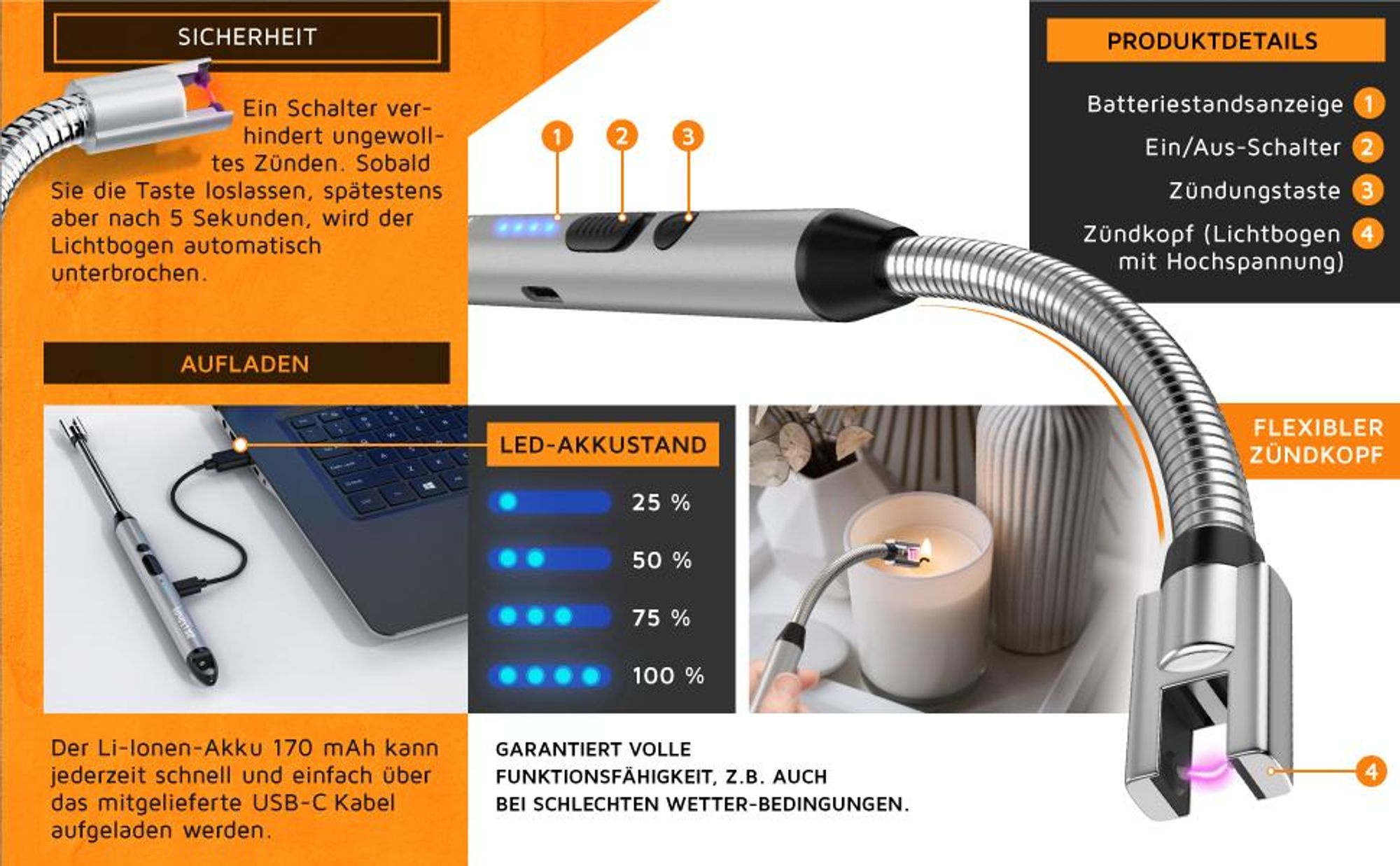 Brandson Lichtbogen-Stabfeuerzeug, Sicherheitsschalter, Akkuanzeige, flexibler Zündkopf