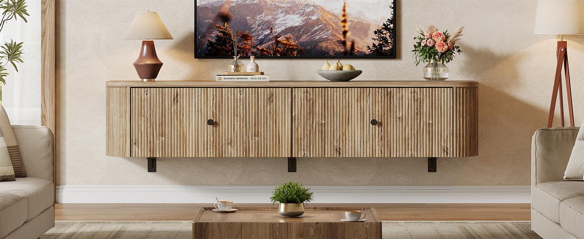 Tribesigns Schwebe-TV-Board zur Wandmontage, 140 cm TV-Wandkonsole mit 2 geriffelten Schubladen, modernes schwebendes Medienboard für Wohnzimmer