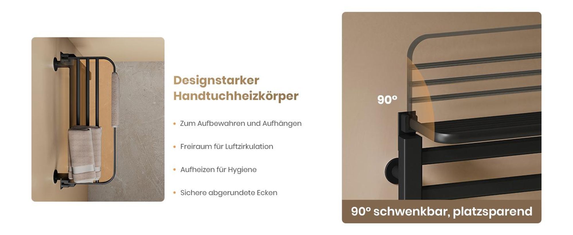 EMKE Handtuchwärmer Elektrisch WIFI Handtuchtrockner Doppelreihe Flachrohr mit Ablage & Haken 1000×500 mm 280W Tuya Alexa Schwarz Matt