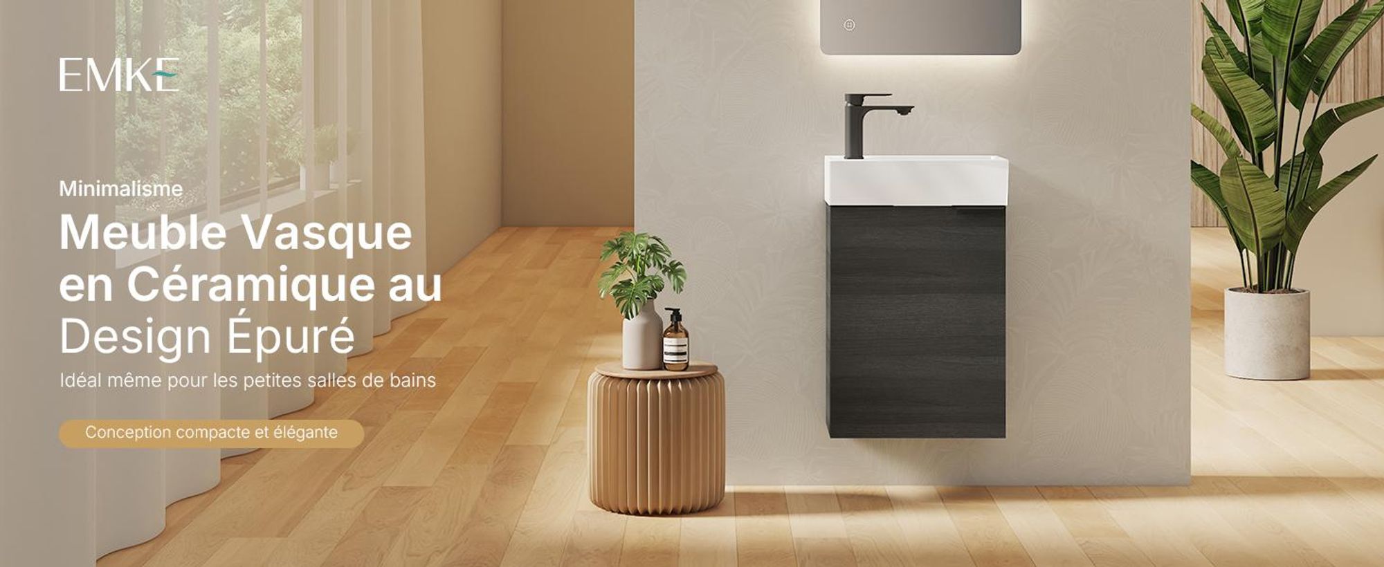 EMKE Ensemble de lavabos Meuble sous-lavabo avec vasque en céramique 417×240×646 mm suspendu, Soft-Close, gris bois