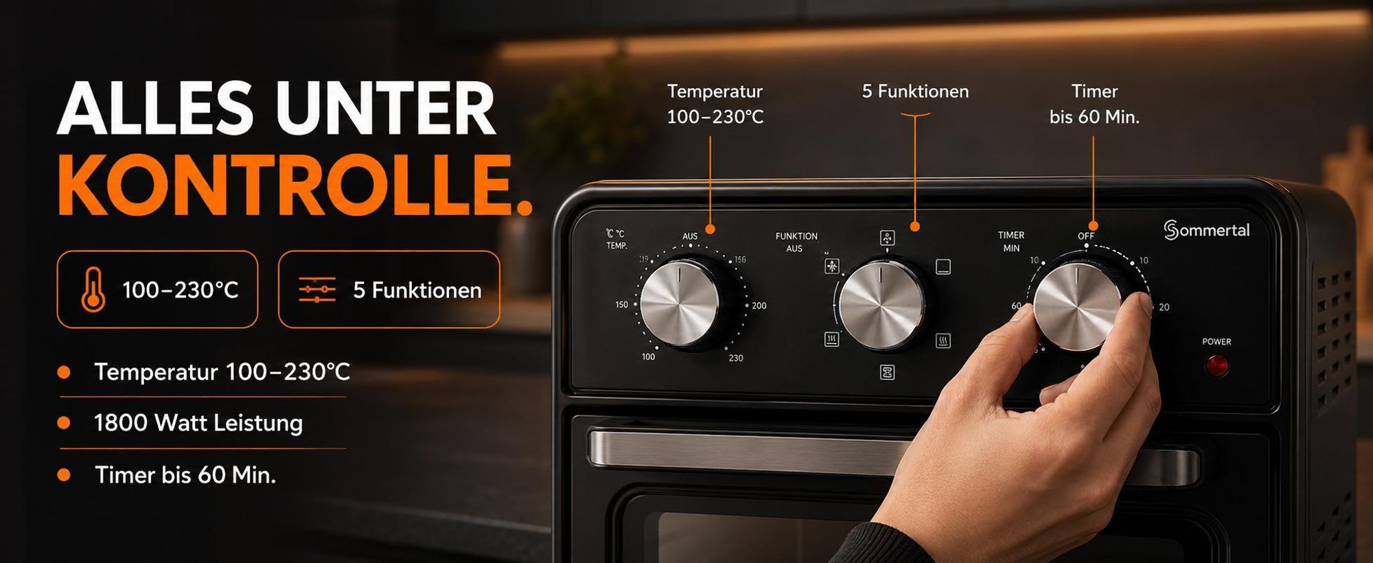 Sommertal Minibackofen 20 Liter mit Umluft & Heißluftfritteuse, 1800W Tischbackofen, Backen, Grillen & Pizza, Airfryer Funktion, 100–230°C