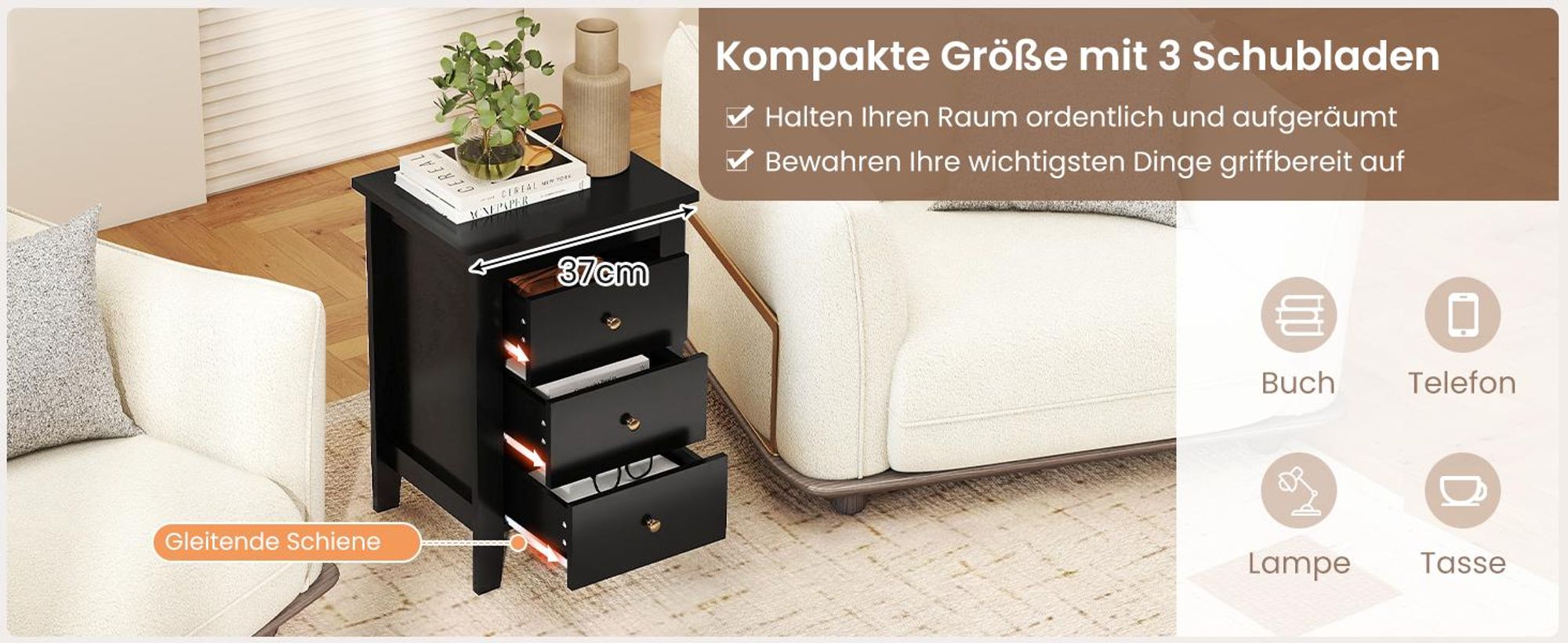 COSTWAY 2er Set Nachttisch mit 3 Schubladen, Nachtschrank für Boxspringbett, Beistelltisch, Nachtkommode für Wohnzimmer Schlafzimmer, Schwarz, 46 x 37 x 65 cm
