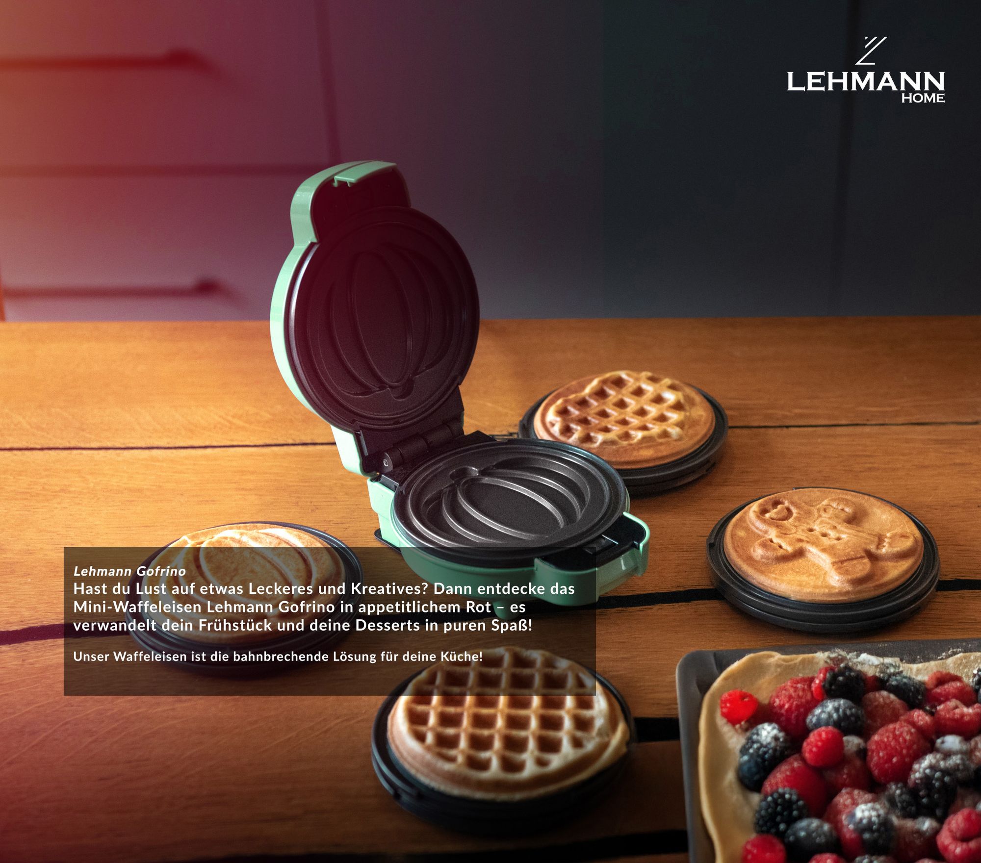 LEHMANN Mini-Waffeleisen mit Wechselplatten, Waffelformen - Kürbis, Lebkuchen, Herz und klassisch, Antihaftbeschichtung