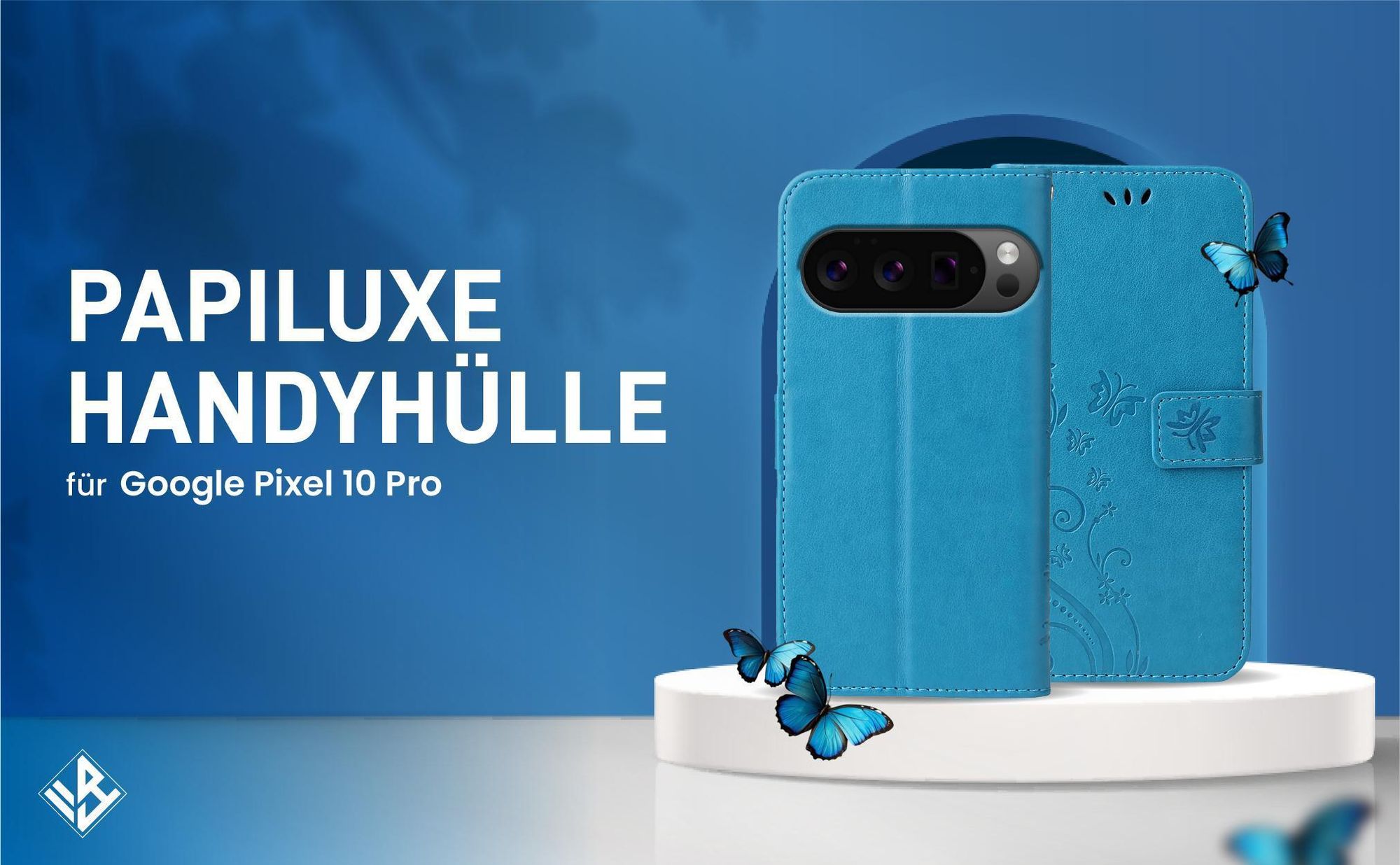 Blaue Klapphülle im Schmetterling Design für Google Pixel 10 Pro mit Wallet-Funktion