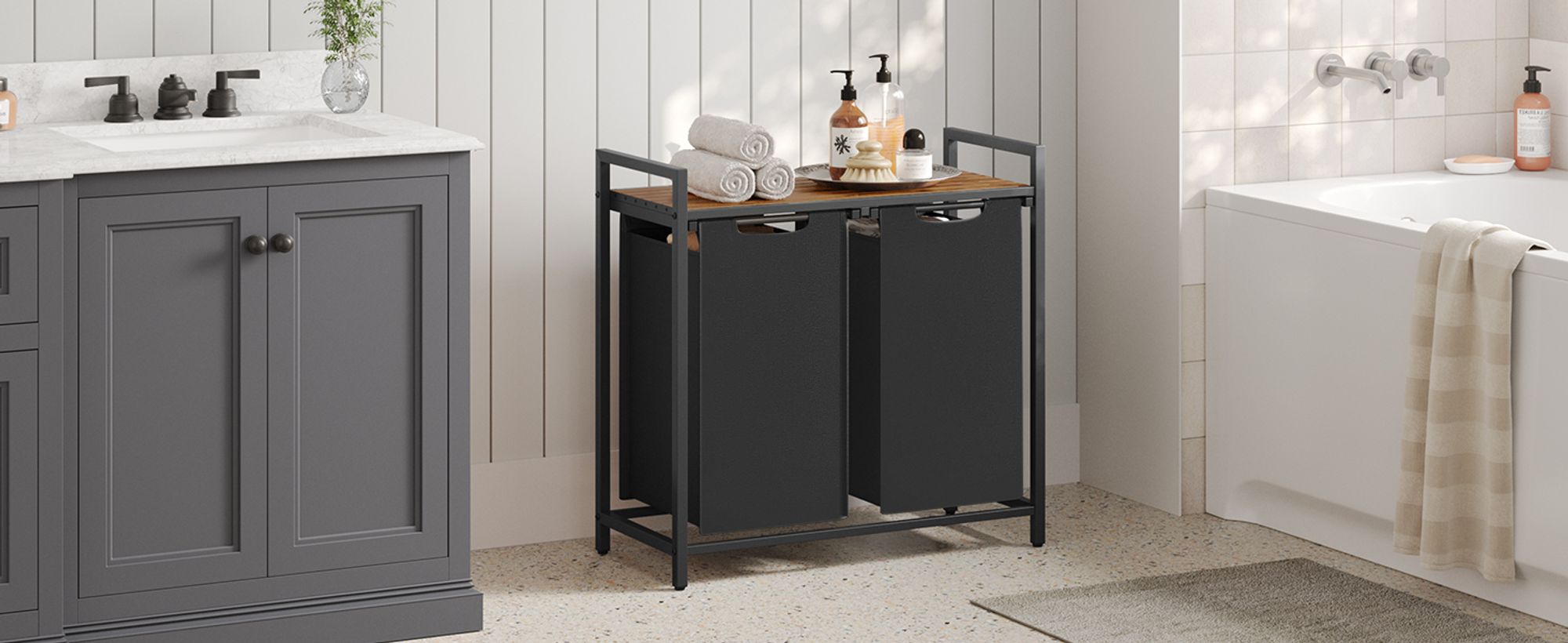 VASAGLE Wäschekorb 2 Fächer, mit Ablage, ausziehbar abnehmbar,  2 x 46 L
