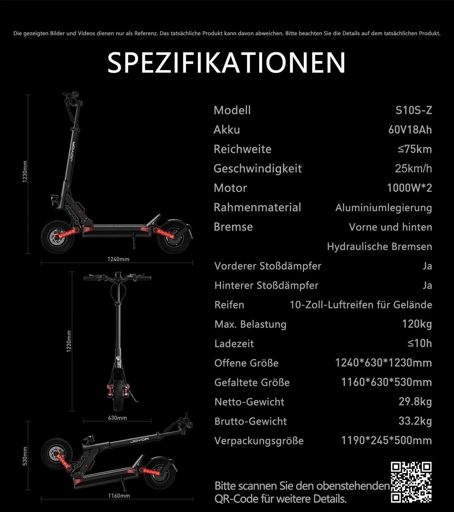 JOYOR S10-S-Z Doppelter Motor Faltbar Elektroroller - 1000W*2 Motor 60V18AH Akku 10 Zoll Reifen - Schwarz