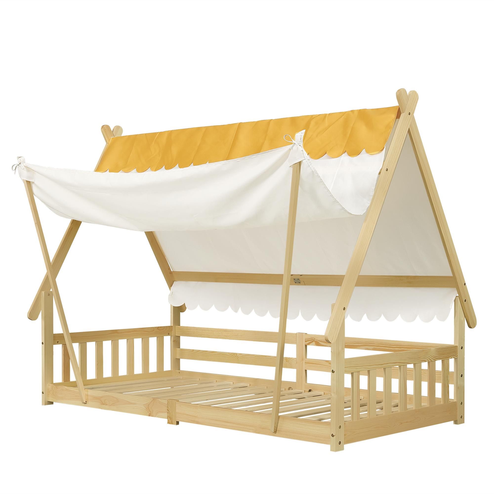 Flieks Kinderbtt Hausbett 90x200cm mit abnehmbarem Zelt, Bodenbett Einzelbett mit Rausfallschutz und Lattenrost, Naturbelassen