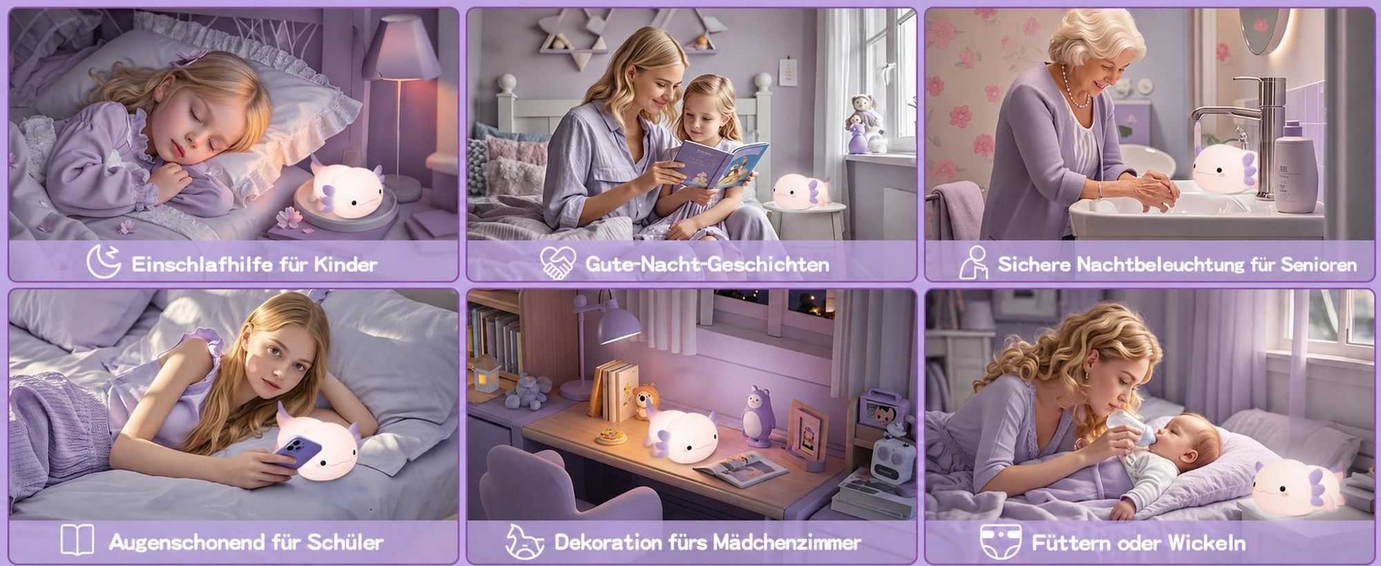 LED Axolotl Nachtlicht,Verstellbares Silikon -Nachtlicht,USB -Ladebett -Nachttischlampen,Berührungssteuerung,Geschenk mit Timer,Babyzimmerdekor,Lila