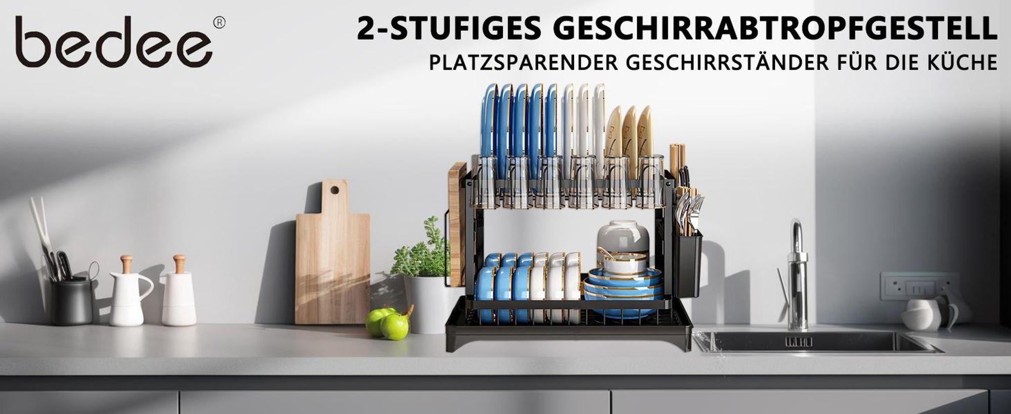 Geschirrabtropfgestell, Geschirrständer, Abtropfgestell geschirr, 2-stufiges Geschirrtrockner, mit Besteckkorb, Schneidebretthalter und Abtropfschale