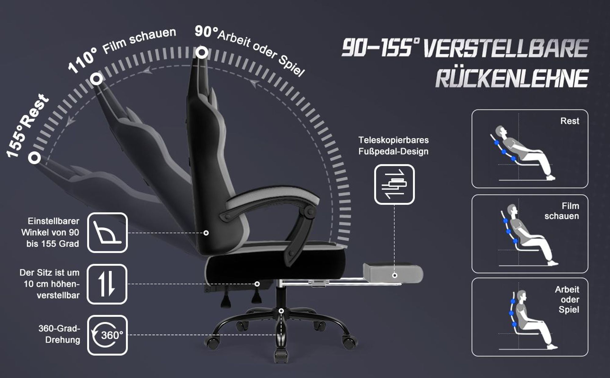 Adormii Gaming Stuhl, Ergonomischer Gaming Sessel, Schreibtischstuhl, Gamingstuhl mit Fußstütze, verstellbare Rückenlehne, Gaming stuhl 150 kg