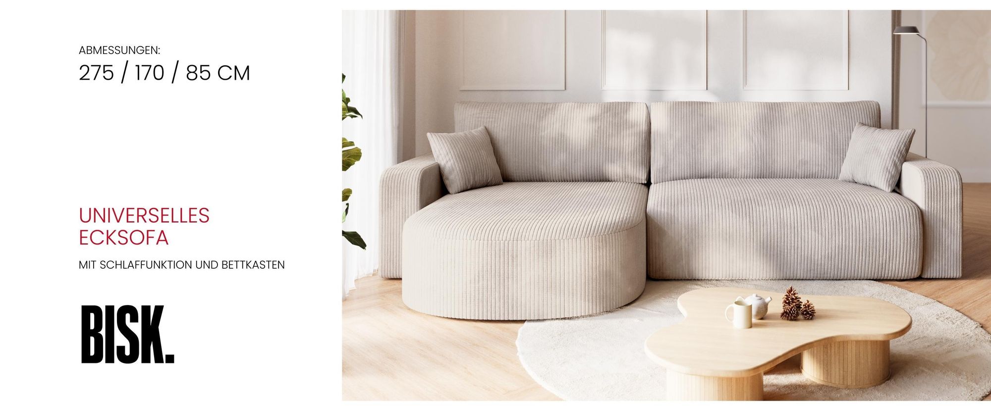 BroMARKT Ecksofa BISK Schlaffunktion Bettkasten L-Form 120x200 cm Vanille
