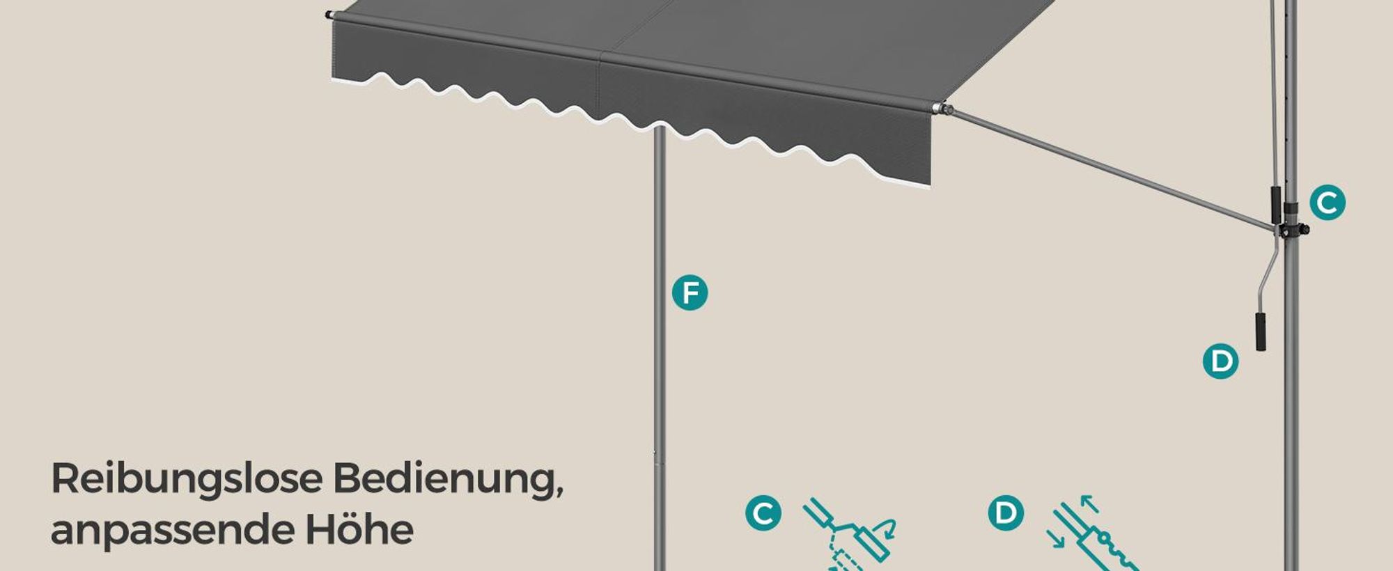 SONGMICS Klemmmarkise, Balkonmarkise, höhenverstellbar, mit Handkurbel