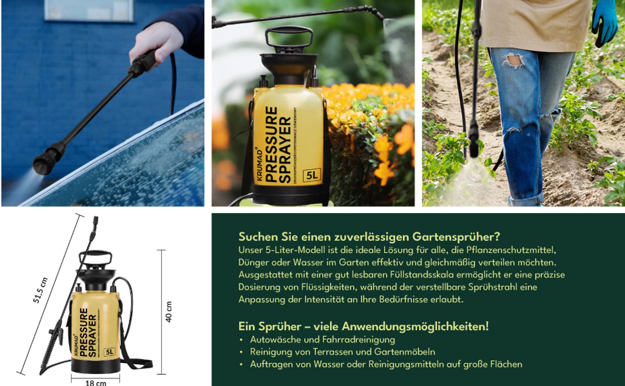 KRUMAD Drucksprüher 5L Gartenspritze mit Lanze 203,5 cm Maximaler Druck 3,2 bar Hand Drucksprühgerät für Garten Unkraut Pflanzenschutz & Reinigung