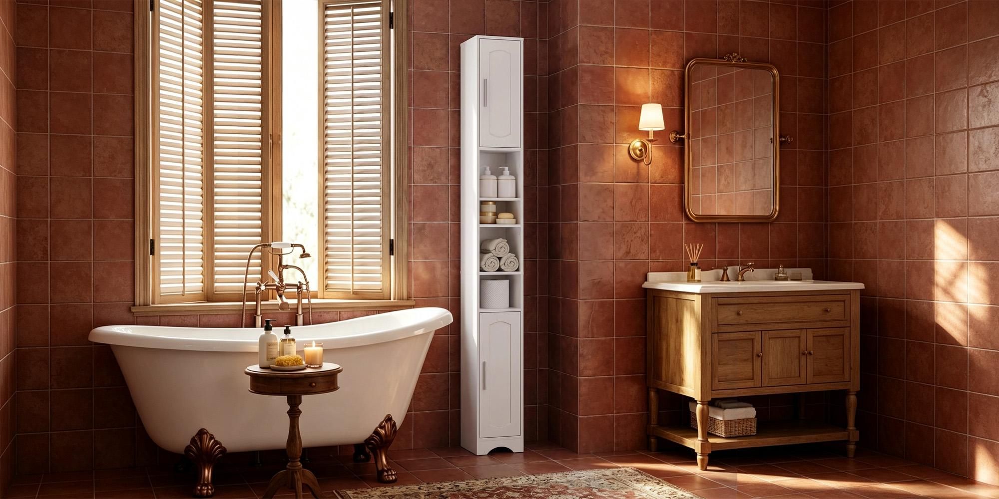 Badezimmerschrank Hochschrank Badschrank Schmal Hoch | Badschrank mit Offenen Fach und Tür, Verstellbaren Ablagen, Platzsparender Badregal, Badmöbel