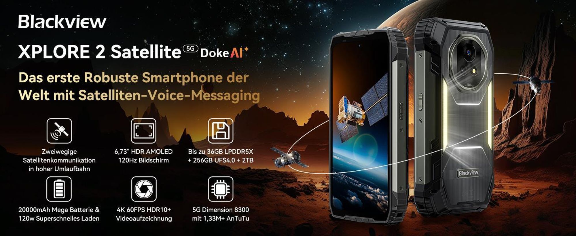 2026 Blackview Xplore 2 eSIM Satellitentelefon,5G Ohne Vertrag, 36+256GB, Dimensity 8300/120W,20000mAh,Infrarot-Fernbedienung,NFC/IP69K, ourdoor handy