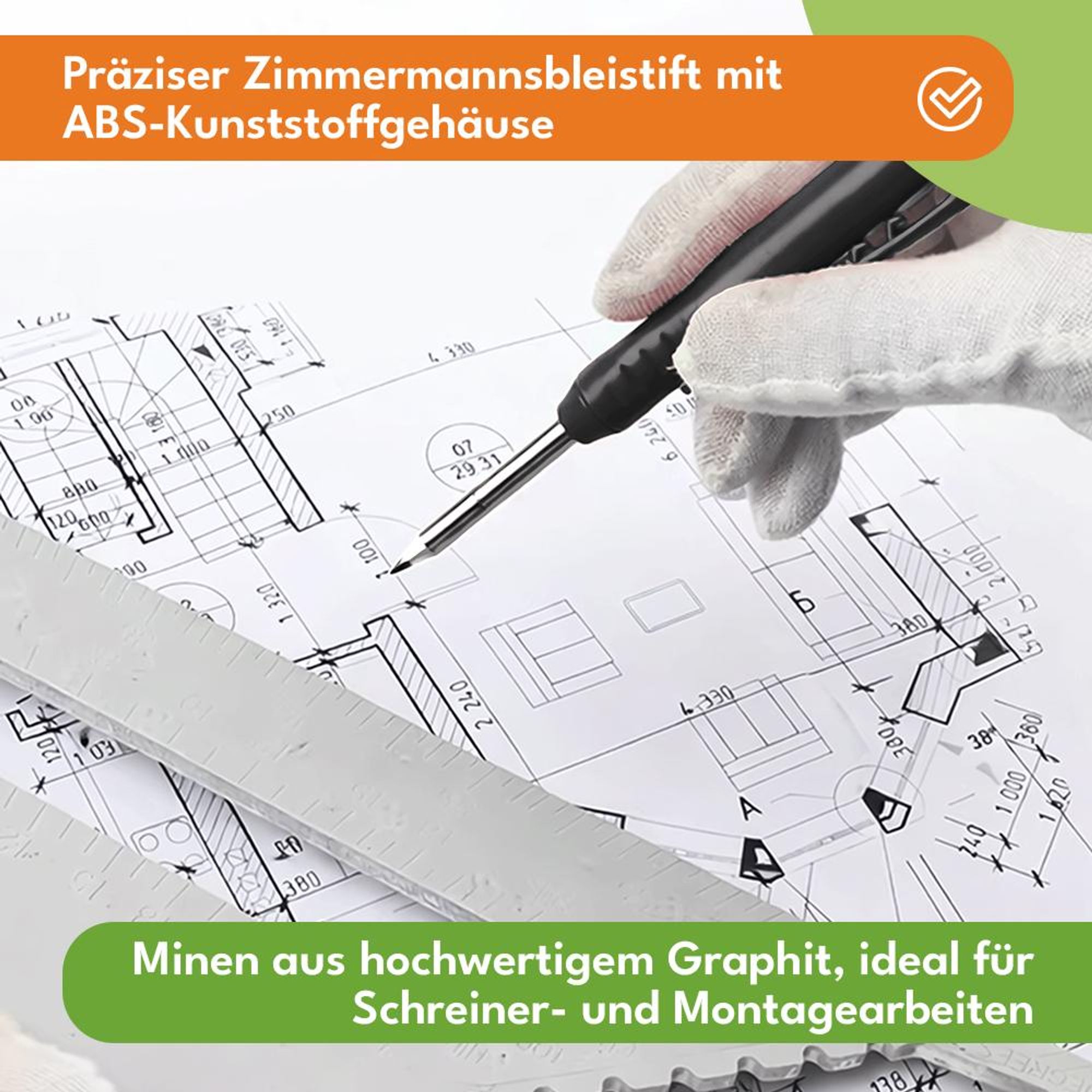 KRUMAD Tieflochmarker Zimmermannsbleistift, Markierstift mit 6 Minen 2,8 mm, Bau Marker für Bohrlöcher, Handwerker Werkzeug
