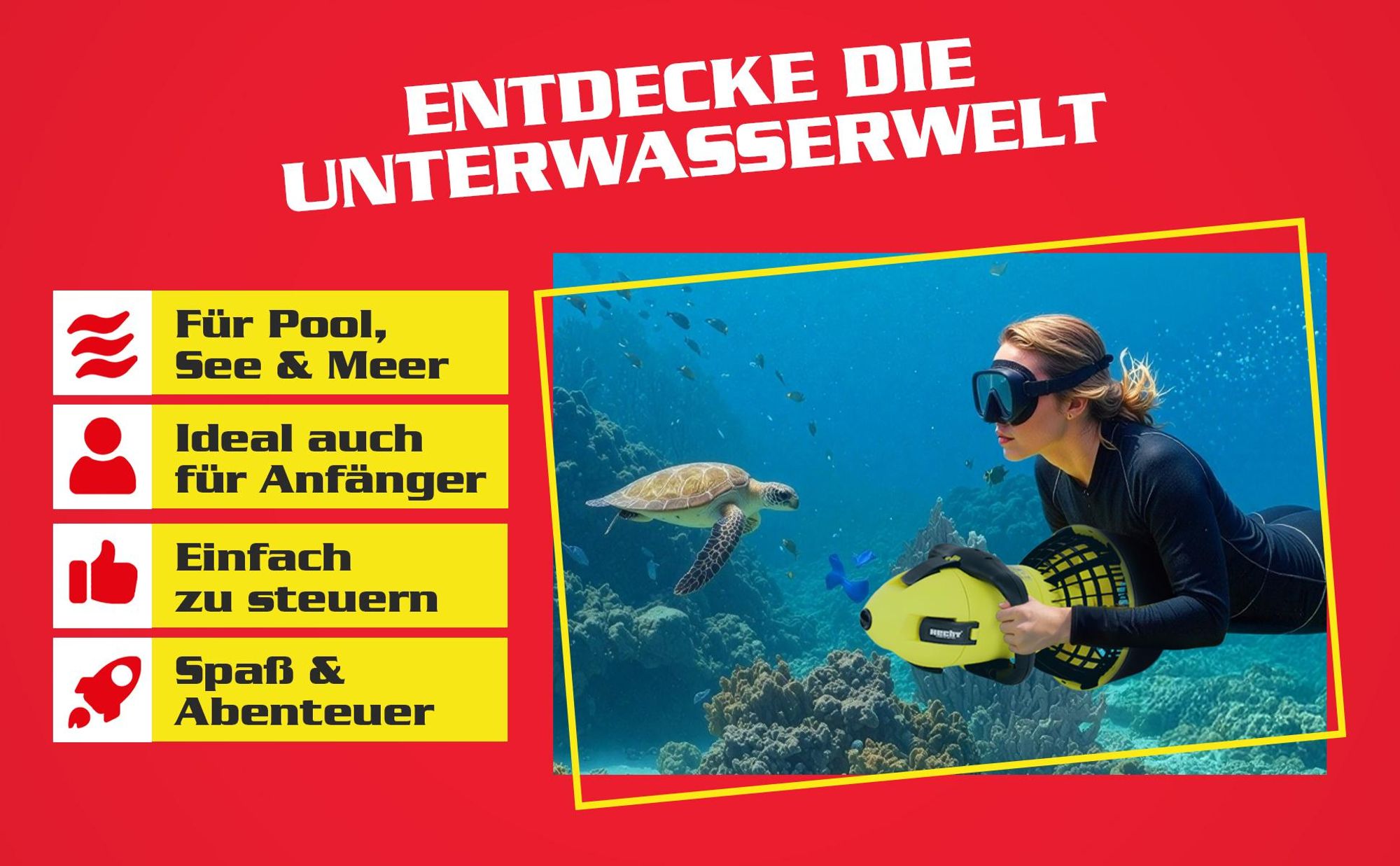 HECHT Wasser Scooter 4499 | 500W | bis 5,2 km/h Unterwasser | 50 min Laufzeit | mit Akku & Ladegerät