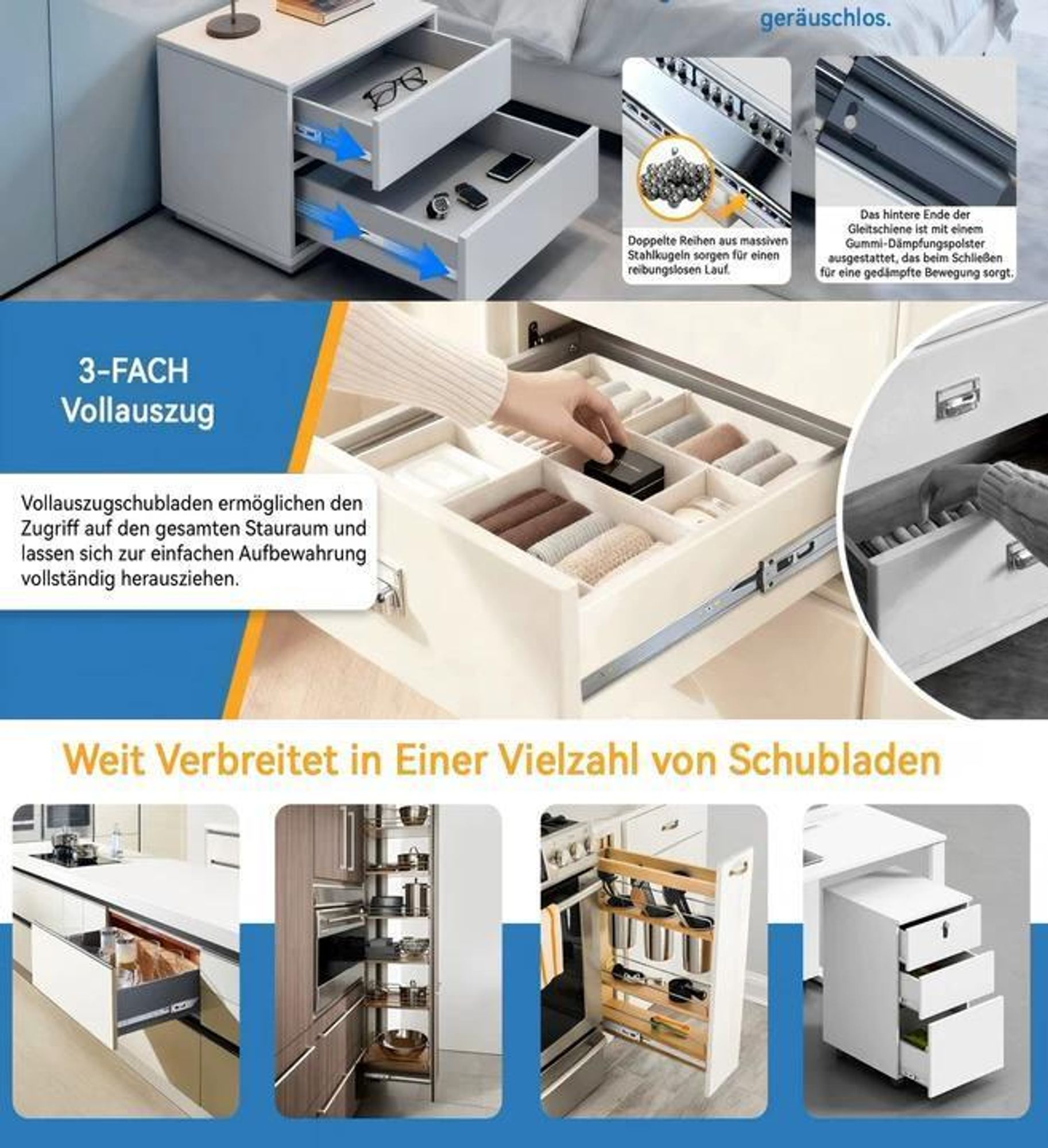 YALION® 1 Paar Schubladenschienen 400 mm mit Soft-Close | Vollauszug | Stahlführung | Seitliche Montage | 45 mm Stahl | 45 kg Tragkraft
